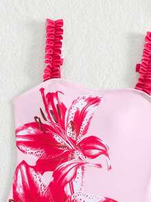 SHEIN Bộ đồ bơi liền thân cho bé gái in hình hoa ly đỏ, có chân váy lưới, thích hợp cho bãi biển, kỳ nghỉ và các hoạt động mùa hè. - Màu Hồng Tươi - Xem 3