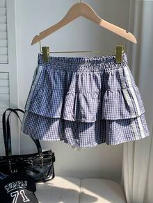 Comfortcana Women's Plaid Cake Skirt With Waist Drawstring - Navy Blue - View 4