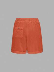 Linhara CURVE Plus Size Washed Cotton Cinched Waist Backpocket Button Decor Short Casual Top - Orange - View 4