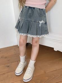 Dazy Kids Young Girl Summer Casual Vacation Sweet Cute Lace Bow Decor Ruffle Hem Denim Skort - Light Wash - View 4