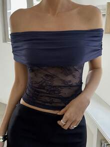 Livesso 女士性感优雅褶皱露肩透视蕾丝修身短款T恤，夏季 - 藏蓝色 - 查看 6