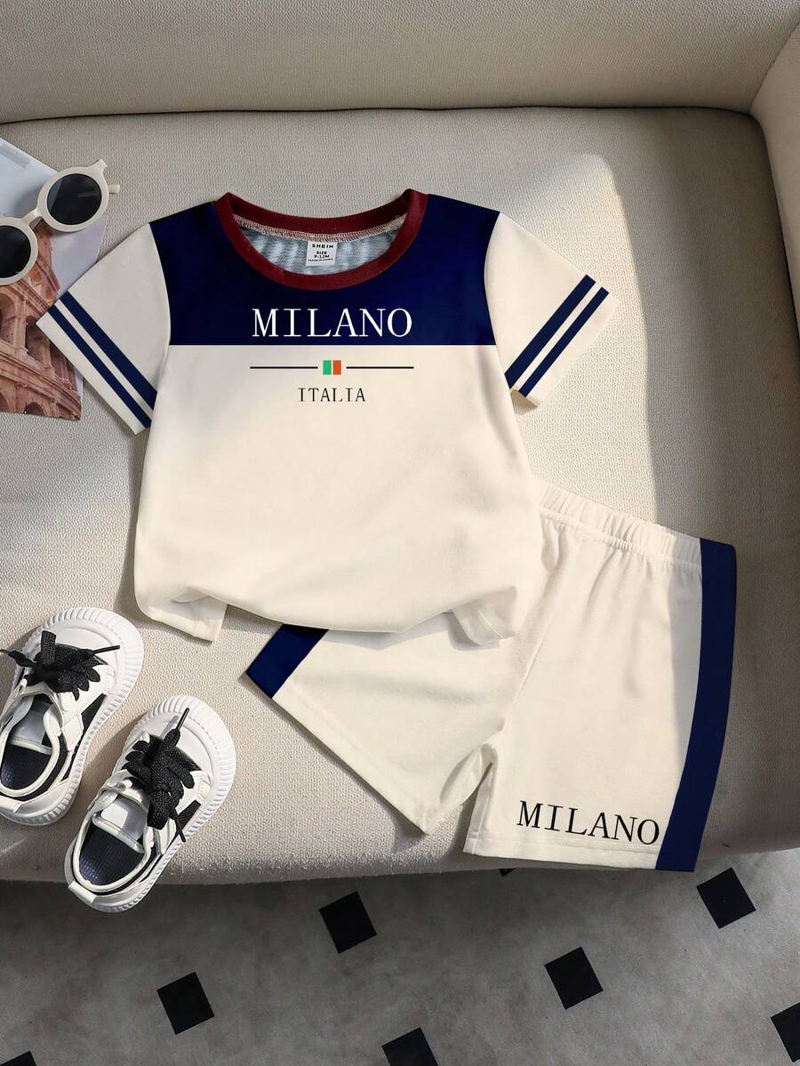 1套小男孩休閒運動風 MILANO, ITALIA 字母印花圓領T恤與短褲套裝,經典配色拼接夏季校園戶外穿著 - 彩色 - 查看 1