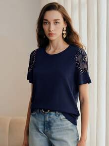Anewsta Kaos Wanita Lengan Pendek Model Pas Badan dengan Kerah Bulat, Hiasan Manik-manik dan Jala Berongga, Desain Bahu Terbuka, Warna Polos - Navy Blue - View 6
