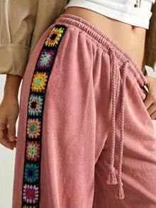 Bohemela Plus Size Casual Crochet Patchwork Wide Leg Pants - Pink - View 4