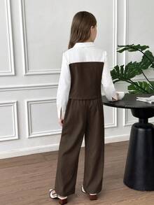 SHEIN 2件套少女休闲优雅撞色二合一衬衫裤套装，适合日常穿着、通勤、秋冬季节，母女装 - 棕色 - 查看 5