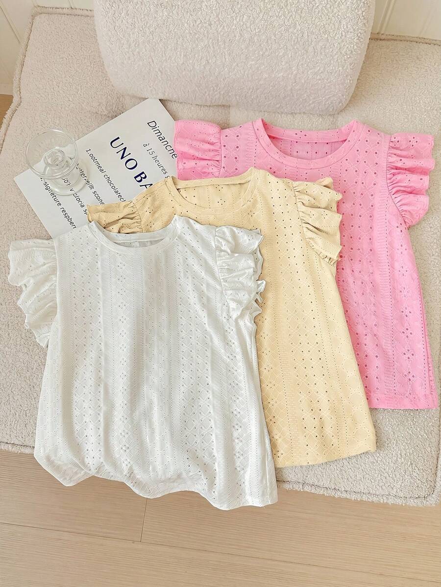 SHEIN LMoss Kids 3件套/少女套装/少女休闲提花针织纯色圆领短袖上衣 - 彩色 - 查看 1