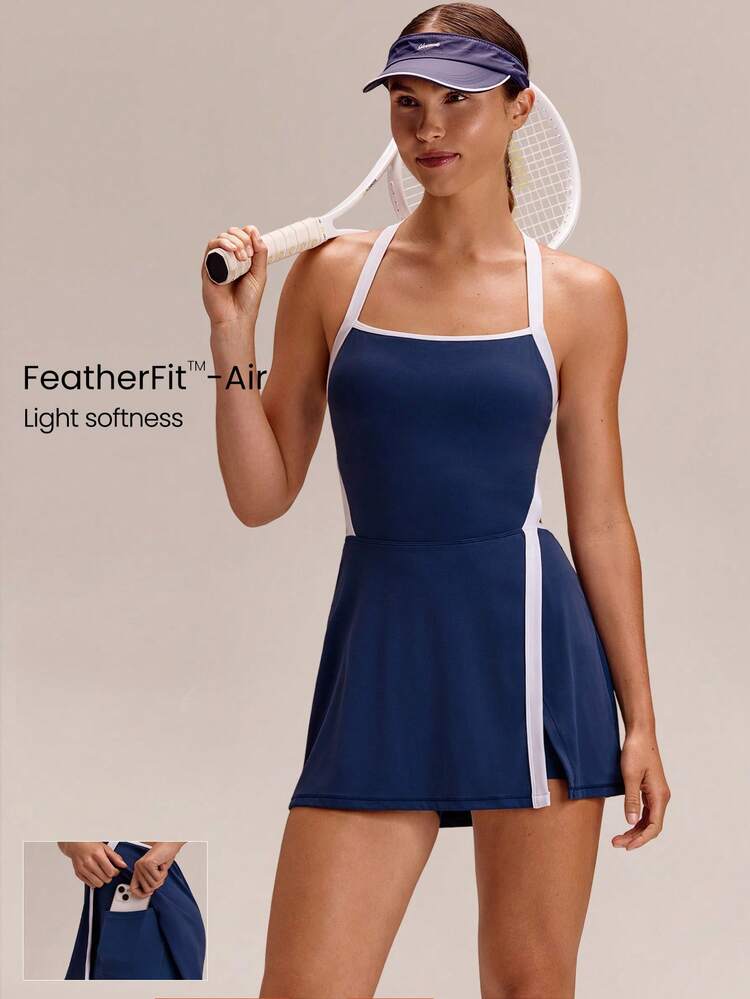 FeatherFit™-Air MatchGlow Contrast Trim Side Slit Racerback Tennis Golf Dress With Built-In Shorts Pockets Light Support Foam Cups Athletic Summer Daily Wear