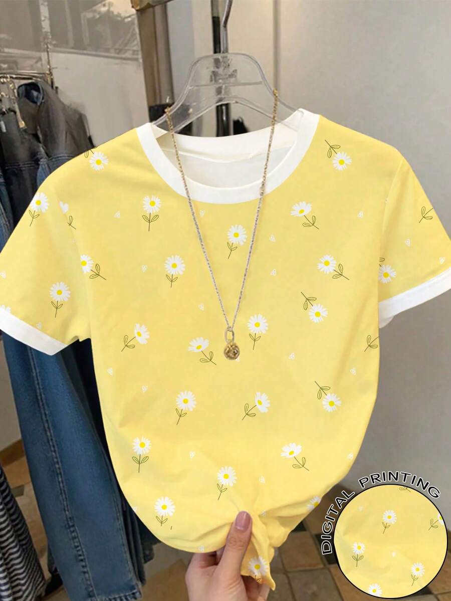 少女休闲雏菊印花黄色短袖圆领T恤,清新亮丽的夏季花卉上衣,适合户外活动穿着 - 彩色 - 查看 1