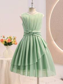 Girls' Sage Green Elegant Sleeveless Formal Flower Girl Dress, Everyday Wear Wedding Summer - Green - View 5