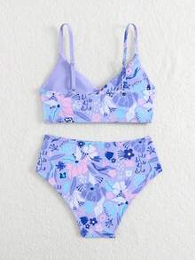 SHEIN 少女两件式泳衣，少女拼接设计泳衣，柔和的紫色花卉拼接浅紫色底色，时尚设计，展现温柔可爱的气质，适合海滩度假、冲浪、游泳、沙滩、游泳池等场合。 - 紫色 - 查看 2