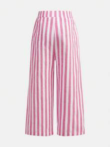 SHEIN 少女日常休闲时尚粉白条纹裤 - 粉色 - 查看 4