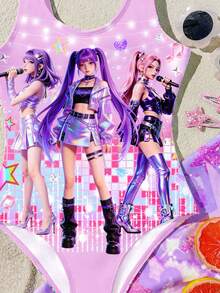 卡通少女，多巴胺渐变色，韩流，休闲简约少女连体泳衣，适合夏季 - 彩色 - 查看 4