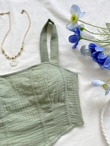 Conjunto de 2 piezas de camiseta sin mangas y pantalones cortos de unicolor casual para vacaciones de mujer - Verde - Ver 4