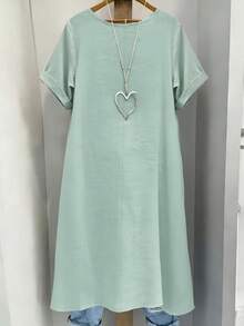 EMERY ROSE Women's Plus-Size Sage Green Shirt,Casual Hiking Sommar Retro Round-Neck Solid-Color Rolled Cuffs Relaxed-Fit Versatile Spring/Summer Fashion Top - Mint Blue - View 2