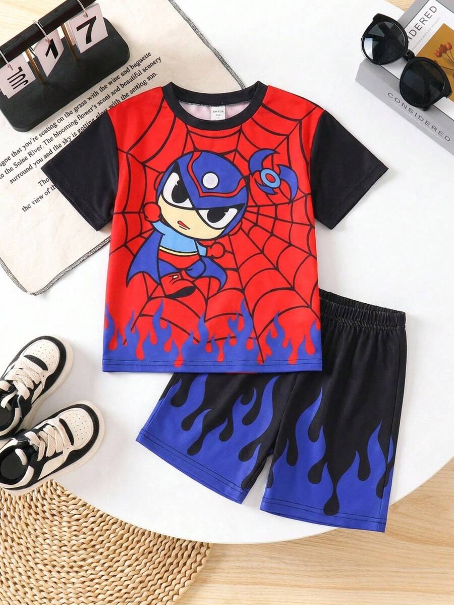 SHEIN Bộ 2 món kiểu Âu Mỹ, họa tiết hoạt hình Người Nhện Đỏ, cổ tròn, tay ngắn, thích hợp cho kỳ nghỉ hè.