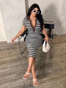 SHEIN SXY Đầm polo tay ngắn kẻ sọc đen trắng phong cách tối giản thường ngày dành cho nữ, đầm dệt kim co giãn cao, dáng dài ngang gối, đầm thanh lịch kiểu Pháp. - Nhiều màu - Xem 6