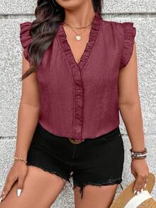 Breezaya Plus Size Solid Color V-Neck Denim Ruffle V-Neck And Ruffle Sleeve Blouse Teachers' Day Office Burgundy Summer Elegant - Burgundy - View 3