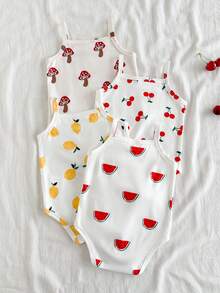 SHEIN Vintaside Kids 4pcs/Set Baju Terusan Bayi Perempuan Baru Lahir, Putih, Musim Panas, Lucu, Seragam Keluarga, Motif Semangka, Lemon, Jamur, Ceri, Gaya Pedesaan, Pakaian Lembut - MultiWarna - View 3