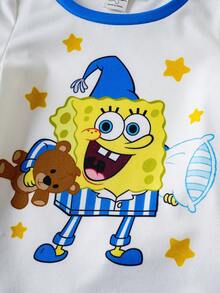 SpongeBob SquarePants | SHEIN 男婴卡通印花短袖上衣和短裤贴身睡衣套装，夏季 - 藍白色 - 查看 7