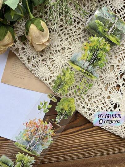 1PC 60mm*2m Retro Waterproof Tape, Garden, Tree And Digital Forest Retro DIY Decorative Stickers, Diary Scrapbook Accessories School Starts