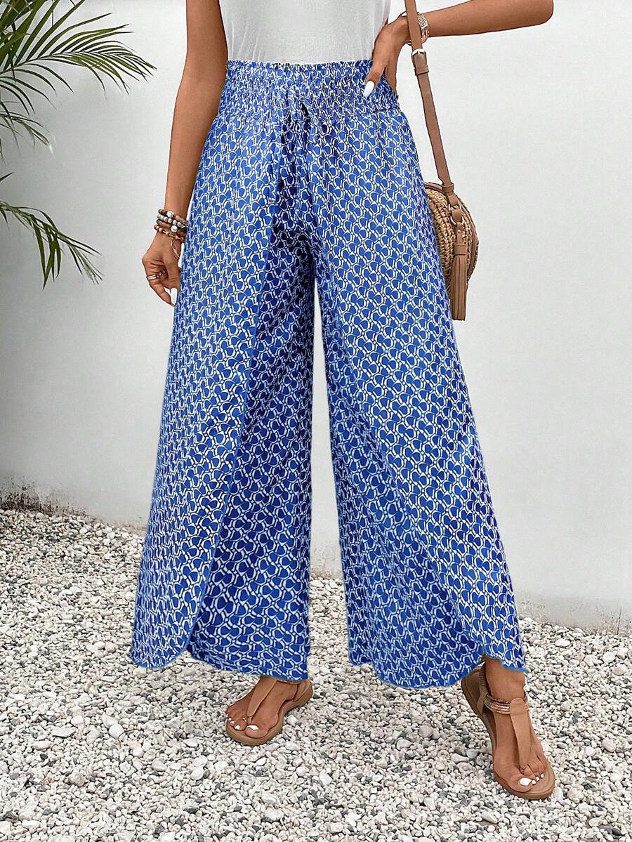 SHEIN Frenchy Allover Print Knot Waist Tulip Hem Wide Leg Baggy Cross Over Pants - Blue - View 1