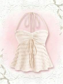 Sweetra Áo hai dây nữ cỡ lớn màu trơn mới, chất liệu ren dệt, có dây rút, kiểu dáng spaghetti, thích hợp mặc hàng ngày, đi học, đi biển, mùa xuân, mùa hè, mùa thu. - Màu be - Xem 1
