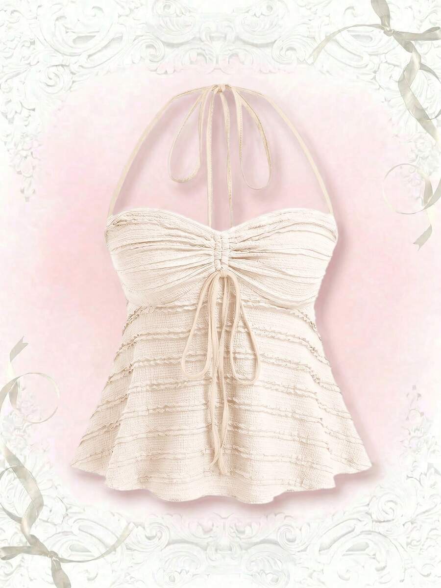 Sweetra Áo hai dây nữ cỡ lớn màu trơn mới, chất liệu ren dệt, có dây rút, kiểu dáng spaghetti, thích hợp mặc hàng ngày, đi học, đi biển, mùa xuân, mùa hè, mùa thu. - Màu be - Xem 1