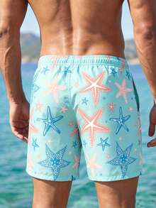 Manfinity KASUA Men's Starfish Print Casual Beach Shorts - Teal Blue - View 2