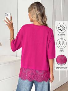 Easowa Black Short Sleeve Round Neck Lace Hem Loose T-Shirt For Women,Summer Top - Hot Pink - View 4