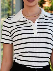 Bris Aura 女款前扣短袖條紋休閒襯衫，女款黑白條紋 Polo 衫夏季款 - 黑與白 - 查看 3