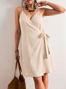SHEIN VCAY Plus Size Casual Solid Color Drawstring Wrap Cami Dress, Beach Dress, Holiday Outfit, Bohemian Style - Apricot - View 5