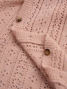 Plus Size Women's Vintage Cottagecore Style | Dusty Pink Pointelle Knit Short Sleeve Cardigan - Sweet Button Down Lightweight Sweater Top - Coral Pink - View 10