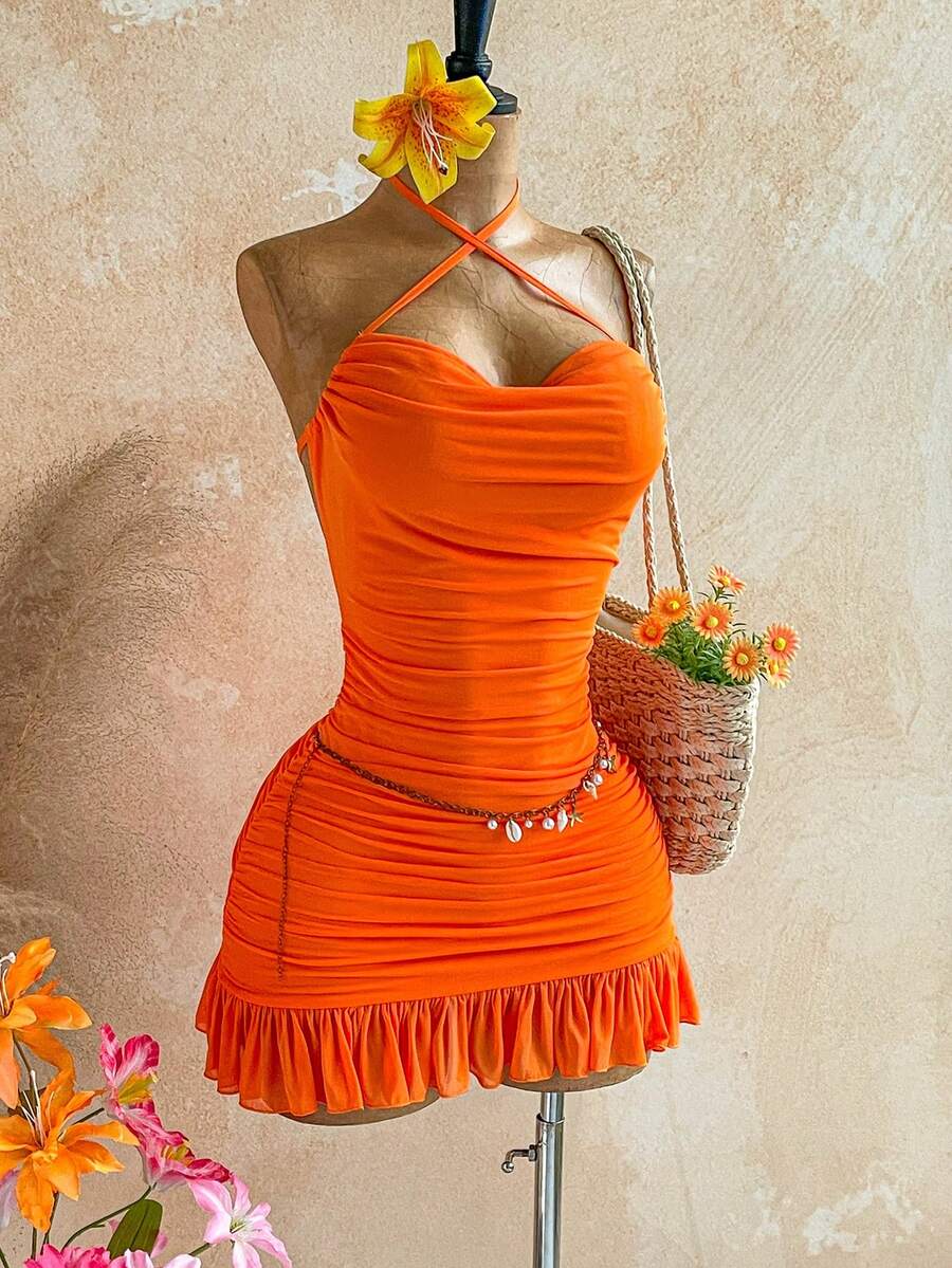 Soleia Đầm ngắn cổ yếm màu trơn, xếp ly, dành cho nữ, thích hợp cho kỳ nghỉ. - Màu Cam cháy - Xem 1