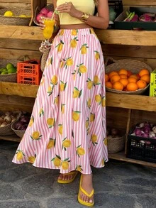 Weeklong Plus Size Women's Striped Colorful Fruit Print A-Line Loose Casual Beach Holiday Daily Skirt, Spring/Summer - Multicolor - View 3