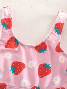 SHEIN Young Girl Strawberry & Floral Print Round Neck Tankini Bikini Set Set - Pink - View 3