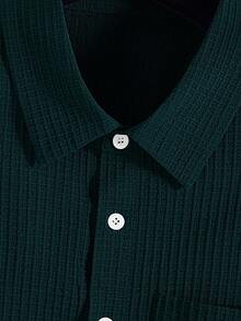 Manfinity Homme Men's Plus Size Ribbed Single-Breasted Pocket Short Sleeve Shirt, Versatile Daily Wear, Ceremony - Dark Green - View 7