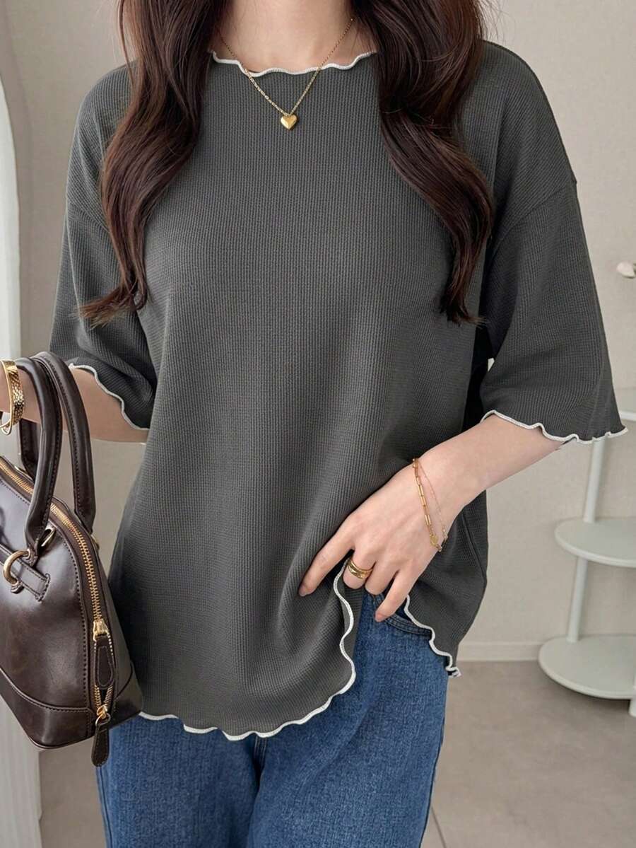 FRIFUL Women's Wavy Striped Loose Contrast Trim Short Sleeve T-Shirt, Summer Casual Wear - Grey - View 1