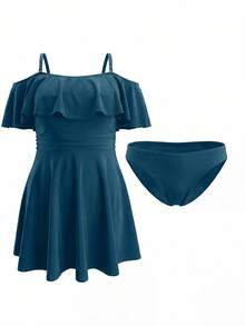 Swim Lushoire Vestido de playa de talla grande con hombros descubiertos y unicolor - Agua verde azul - Ver 7