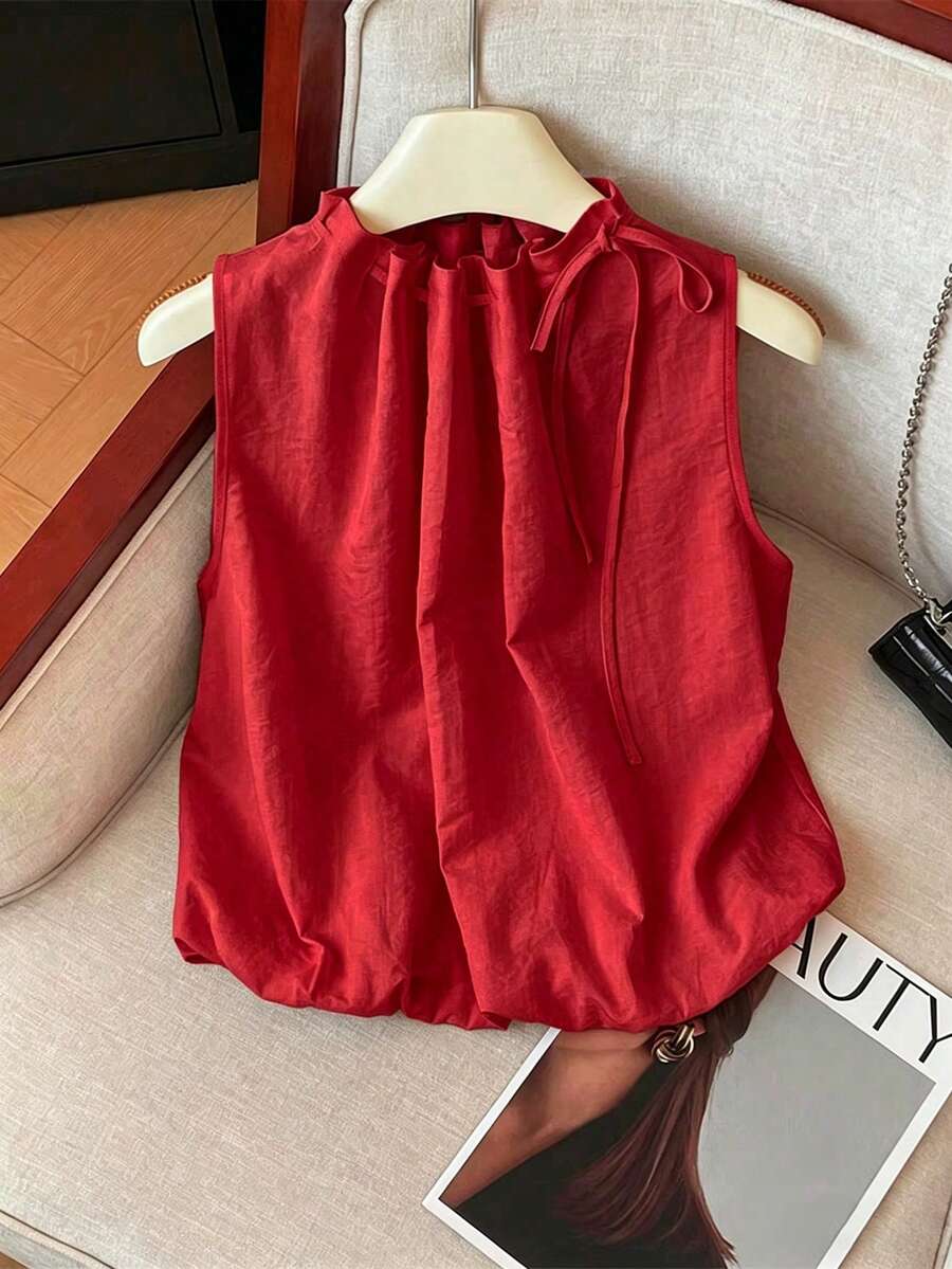 Franclia Blus Putih Bertekstur Tenun dengan Tali Serut dan Pinggang Elastis, Tanpa Lengan, Elegan untuk Wanita, Musim Semi/Panas - Merah - View 1