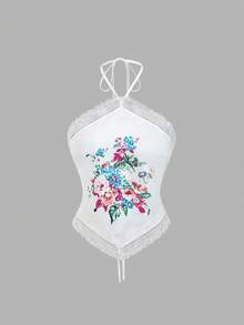 Sweetra Áo hai dây ren nữ in hoa kiểu dáng nghỉ dưỡng, thích hợp cho mùa xuân/hè. - trắng - Xem 1