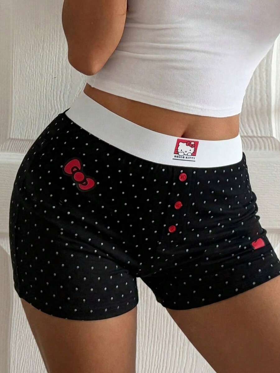 HELLO KITTY | DAZY Women's Cute Polka Dot Cartoon Print Super Short Pajama Shorts For Summer Home Wear - Black - View 1