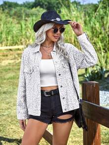 EMERY ROSE Women's Leopard Print Long Sleeve Single-Breasted Casual Denim Jacket - Multicolor - View 3