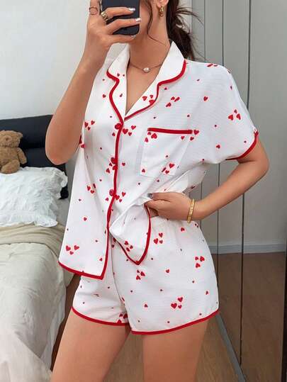 Napfluff Heart Print Short Sleeve Cardigan & Shorts Loose Pajama Set For Women