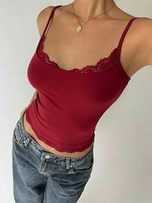 Aloruh 女士纯色蕾丝拼接性感吊带背心，夏季带衬垫胸罩吊带背心，夏季上衣，蕾丝吊带背心 - 酒紅色 - 查看 3