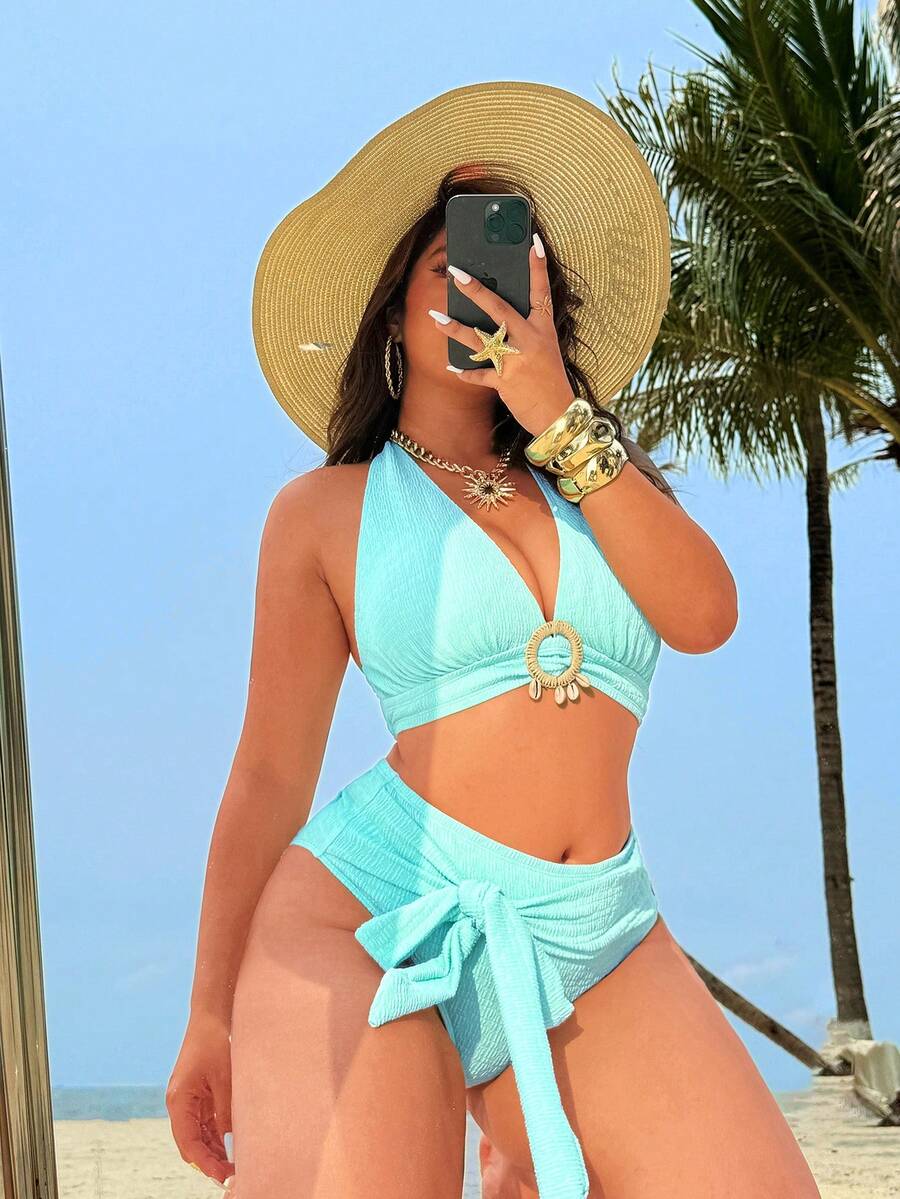 Swim SPRTY Bộ bikini cỡ lớn mùa xuân/hè 2026 mới, màu trơn, chất liệu vải đặc biệt, áo tắm cổ yếm có đệm mút rời với họa tiết bướm dễ thương và đường viền cổ chữ V sâu gợi cảm, quần bikini tam giác cạp cao với nơ thắt xinh xắn, đồ bơi đi biển giản dị nhưng sang trọng. - màu xanh lá - Xem 1