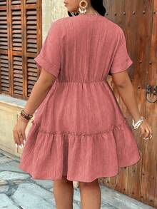 SHEIN Holidaya Plus Size V-Neck Textured Drop Shoulder A-Line Ruffle Hem Dress - Redwood - View 2