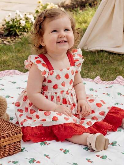 Cozy Pixies Baby Girl Strawberry Pattern Contrast Color Bow Decor Square Neck Short Sleeve Cinched Waist Dress