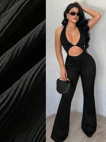 SHEIN SXY Bộ jumpsuit dài không tay, cổ yếm, cổ chữ V khoét sâu, ống loe, họa tiết da báo gợi cảm, phong cách đường phố và hộp đêm. - màu đen - Xem 4
