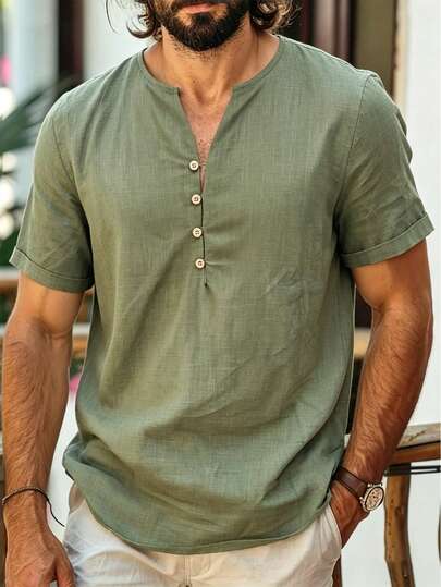 Airaco Men's V-Neck Lightweight Short Sleeve Top, Minimalist Solid Color Retro Shirt