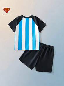 Maija Kids SUPERMAN X SHEIN Maija Kids 男童宽松V领短袖撞色条纹上衣+松紧腰印花短裤套装，联名款，时尚休闲日常穿搭 - 黑色 - 查看 5